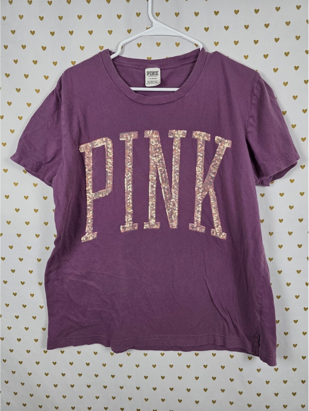 Victorias Secret PINK Matte Shine BLING Gold Sequined tee shirt Large